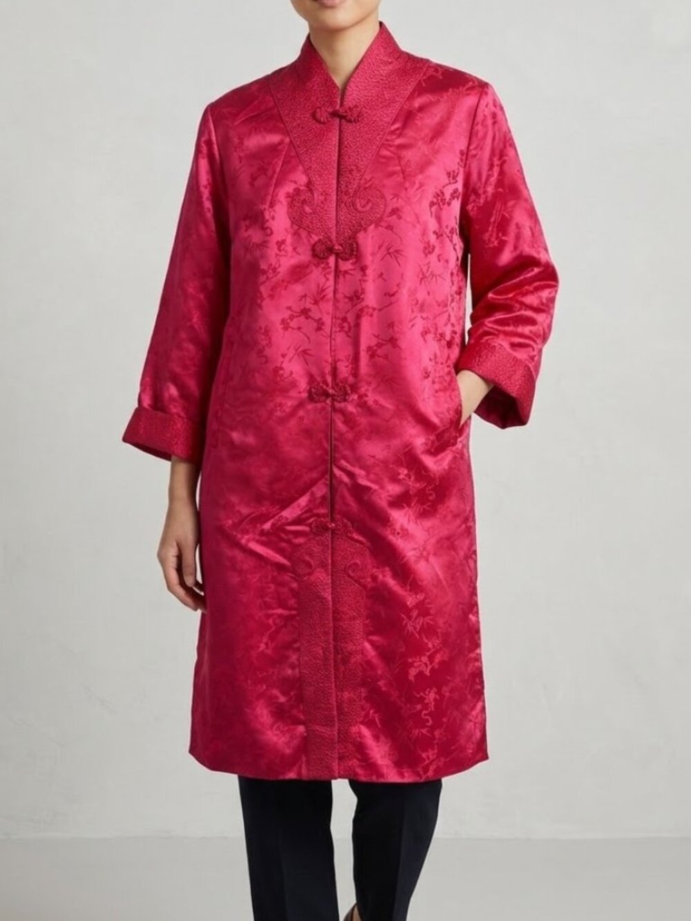 Vintage Peony Brand Shanghai China Red Damask Duster Kimono Frog Knots Medium/36